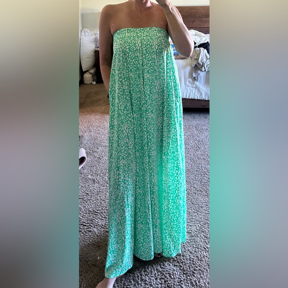 Boutique AAKAA Green Leopard Strapless Wide Leg Jumpsuit‎ M/L